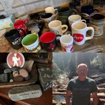 Brett and his mugs and rocks.
